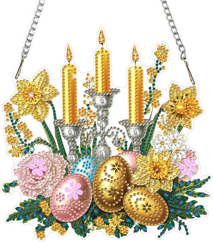 Easter Diamond Art Hanging Ornaments Kits for Adults, Candle Diamond Painting Pendant Kits, DIY Acrylic 5D Special Shaped Crystal Gem Art Painting Ornament for Home Wall Easter Decor Gift 8x8 Inch