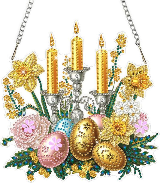 Easter Diamond Art Hanging Ornaments Kits for Adults, Candle Diamond Painting Pendant Kits, DIY Acrylic 5D Special Shaped Crystal Gem Art Painting Ornament for Home Wall Easter Decor Gift 8x8 Inch