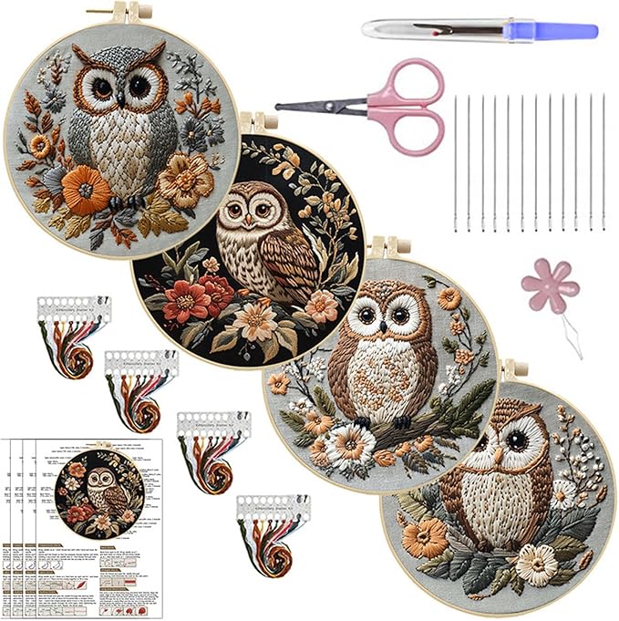QBQBQ Owl Embroidery Kit - 8.2in, Owl Punch Needle Kit for Adults, Cross Stitch Kits for Beginners, Include Embroidery Cloth Bamboo Hoops and Step by Step Instructions, for Craft Lover Hand Stitch