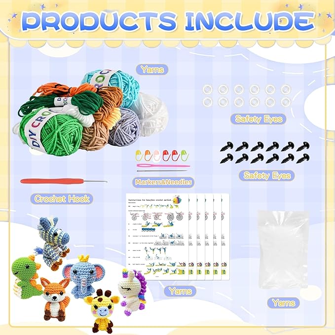 OLHKYN 6Pcs Crochet Kit for Beginners, 2026 DIY Craft for Adults, Great Gift for Crochet Lovers, Crocheting Animal Kits with Step by Step Videos,Yarn,Crochet Hook,Birthday Holiday Gift