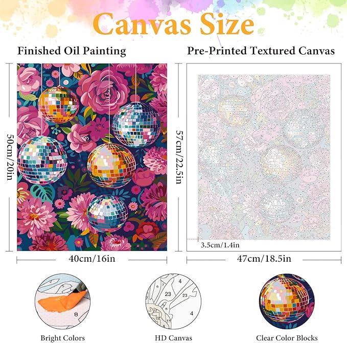 Okarina Paint by Numbers Kit for Adults Beginner Disco Ball, Adult Paint by Number Kits on Canvas, Flower DIY Acrylic Oil Painting by Numbers for Adults, Perfect for Home Wall Decor 16X20 Inch