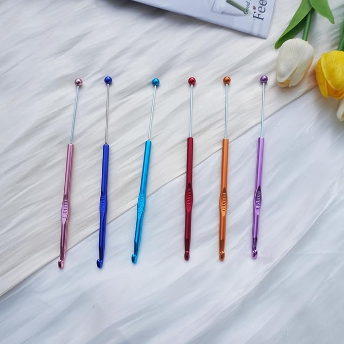6 Pack DIY Beadable Crochet Hooks Knitting Needles Set Aluminum Handle for Focal Beads Colors (Blue Purple Red Orange Pink Light Blue, 6 mm)