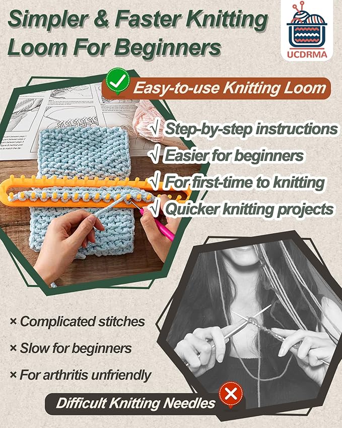 UCDRMA Knitting Loom Kit 35PC Scarf Loom Knitting Kit for Beginners, Quick Loom Knitting for Beginners Adult Contain Instructions, Pom Pom Maker and Yarn for Crochet Blanket Kit