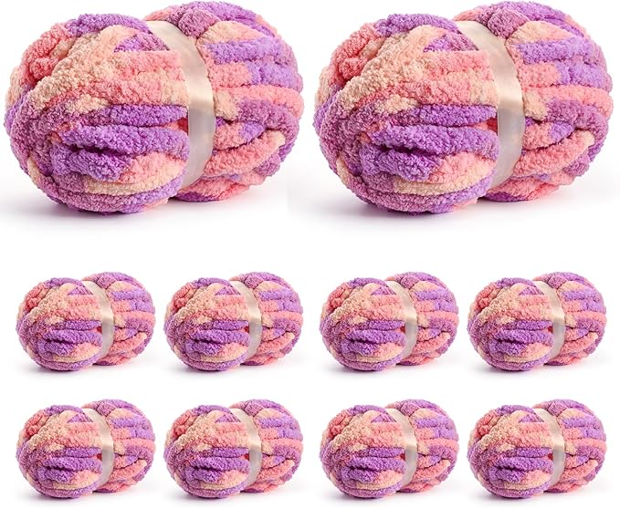 10 Pack Jumbo Chunky Yarn for Hand Knitting, Fluffy Chunky Chenille Yarn for Crocheting, Variegated Chunky Knit Baby Blanket Yarn, 240 yds /70.5 oz Super Bulky Yarn（Pinkish Purple）