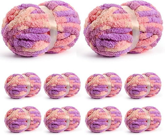 10 Pack Jumbo Chunky Yarn for Hand Knitting, Fluffy Chunky Chenille Yarn for Crocheting, Variegated Chunky Knit Baby Blanket Yarn, 240 yds /70.5 oz Super Bulky Yarn（Pinkish Purple）