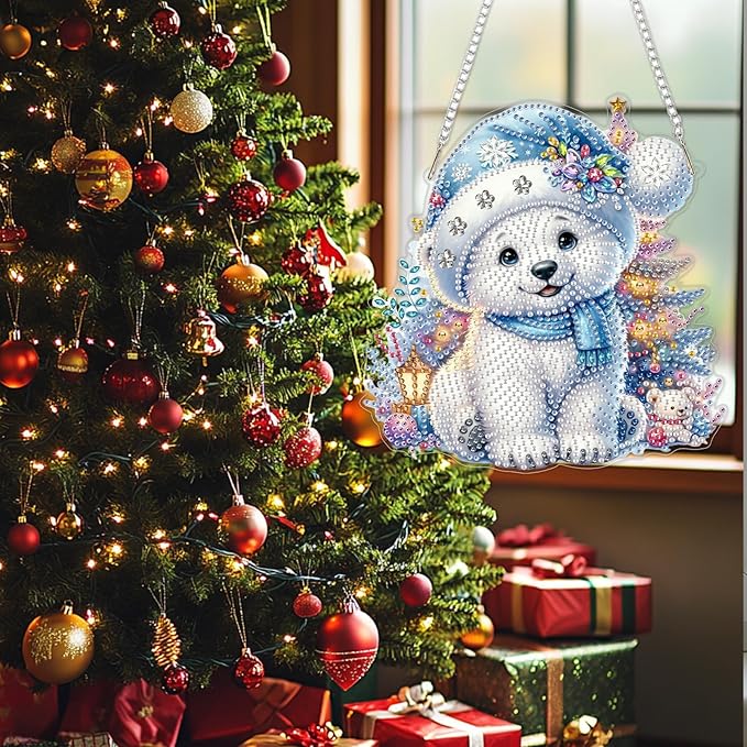 SENQAO Bear Diamond Art Hanging Kits for Adults Kids, Christmas Diamond Art Suncatchers, 5D Special Shape Diamond Painting Pendant Window Ornament Gifts for Home Garden Door Wall Decor