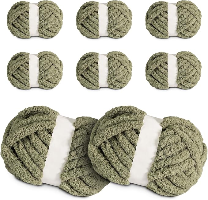 Super Soft Chunky Chenille Yarn – 8 Skeins × 8 oz (25 Yards Each) Jumbo Bulky Yarn for Crochet & Hand Knitting Blankets, Sweaters, Cushions, DIY Projects (Sage Green)