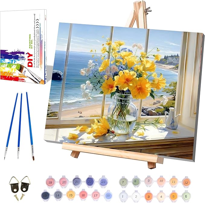 Vase Flower Paint by Numbers for Adults with Framed Canvas-with Wooden Easel,Paint by Number on Canvas Flowers,DIY Acrylic Oil Painting Kits with Brushes Nice Gift Box for Home Wall Decor(12x16inch)