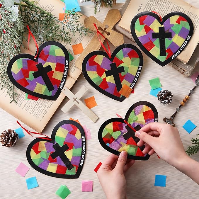 Motipuns 32 Sets Easter Christian Ornaments Craft Kit, Religious DIY Heart Suncatchers Gift Stained Glass Effect with Tissue Paper Window Art for Sunday School Church VBS Decor