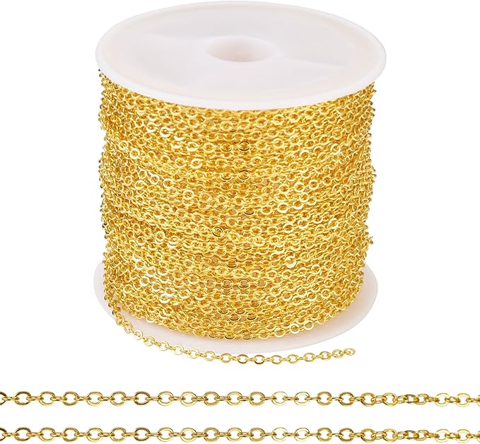 Sparkeads 32.8 Feet 10M Gold Chains Iron Flat Oval Cable Chains Metal Link Chains Soldered with Spool Bulk for Jewelry Craft Necklace Lanyard Bracelet DIY Women Earring Valentine