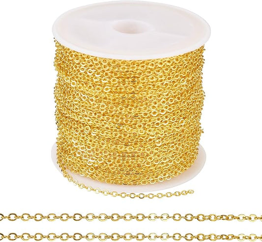 Sparkeads 32.8 Feet 10M Gold Chains Iron Flat Oval Cable Chains Metal Link Chains Soldered with Spool Bulk for Jewelry Craft Necklace Lanyard Bracelet DIY Women Earring Valentine