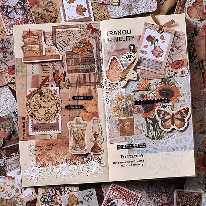 200Pcs Vintage Scrapbook Paper Sticker Kit, Nature Flowrs Scrapbooking Decals for Junk Journal Supplies Card Making Stationery Album, Collage, Planner, Gift Wrapping Craft