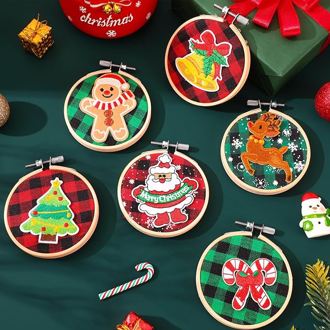 FEBSNOW 12 Pieces Christmas Embroidery Ornament Kit, Including 3 Inch Embroidery Hoops, Self Adhesive Christmas Patches and 5 Inch Squares Plaid Fabric for DIY Holiday Xmas Party Decoration