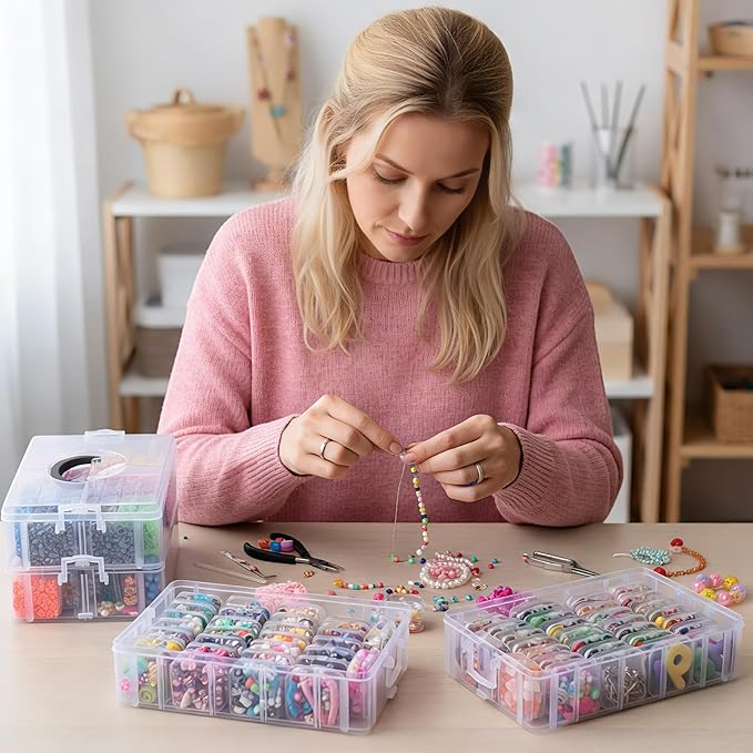 SGHUO Bead Organizer Box, 112pcs Small Organizers, 4-Tier Stackable Storage Container Box for Art Craft Storage, Washi Tape, Kids Toys, Jewelry, Beauty & Sewing Supplies