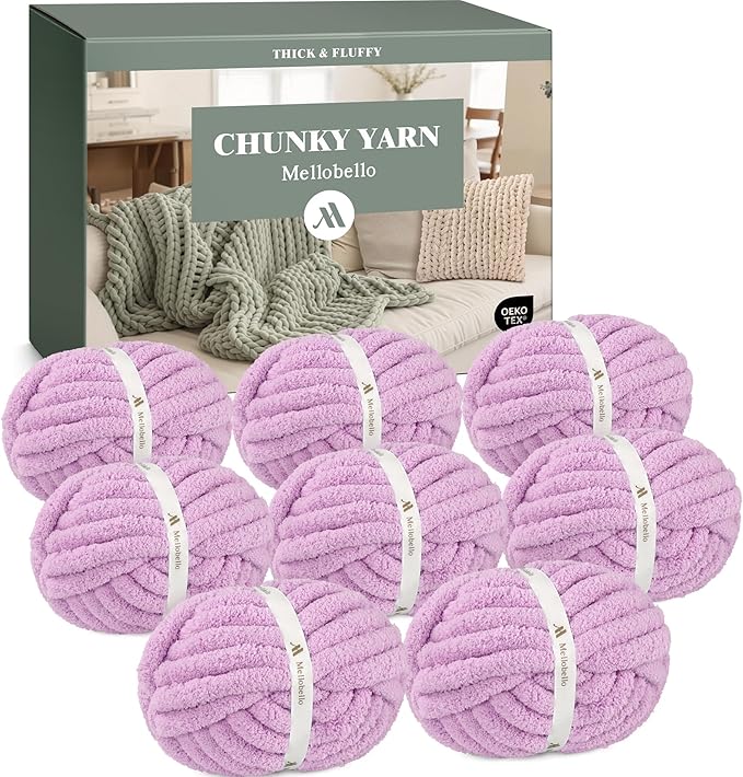 Mellobello Jumbo Chunky Yarn for Hand Knitting - Super Thick Chenille Chunky Yarn for Crocheting - Extra Soft Bulky Fluffy Blanket Big Yarn 8 Jumbo Pack (27yds,8 oz Each Skein) Purple