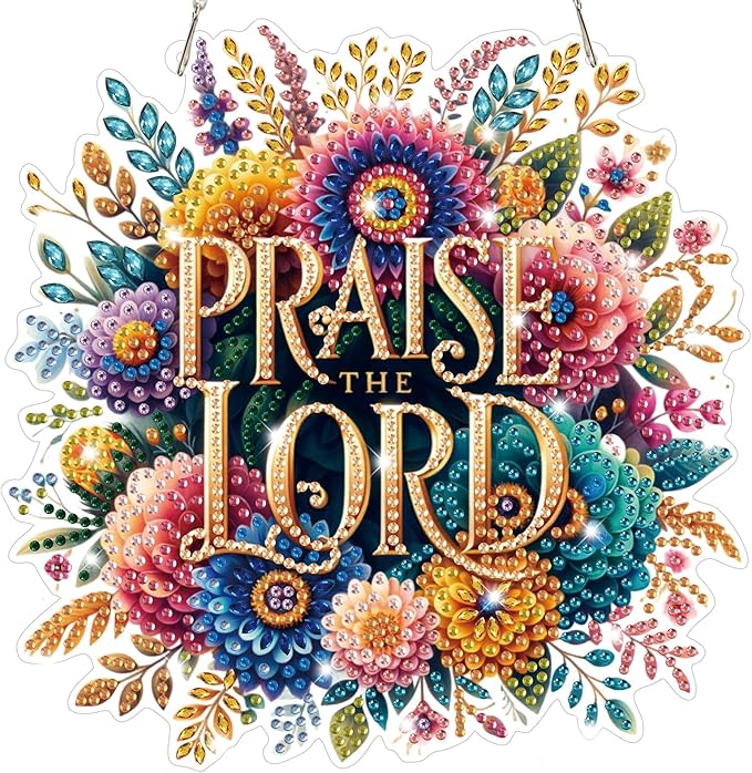 Bowetile Praise The Lord Diamond Art Hanging Kits for Adults, Diamond Art Suncatchers Easter, 5D Special Shape Diamond Painting Pendant Window Ornament Gifts for Home Wall Garden Decor