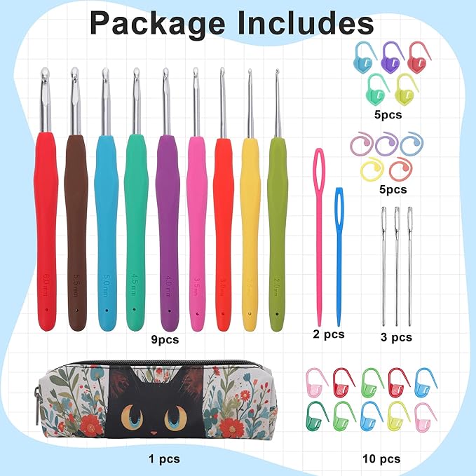 Crochetbox Crochet Hooks Set, 9 Size 2mm(B)-6mm(J) Ergonomic Handles Crochet Hooks with Case for Arthritic Hands, Kintting Needle with Crocheting Tool for Crocheters