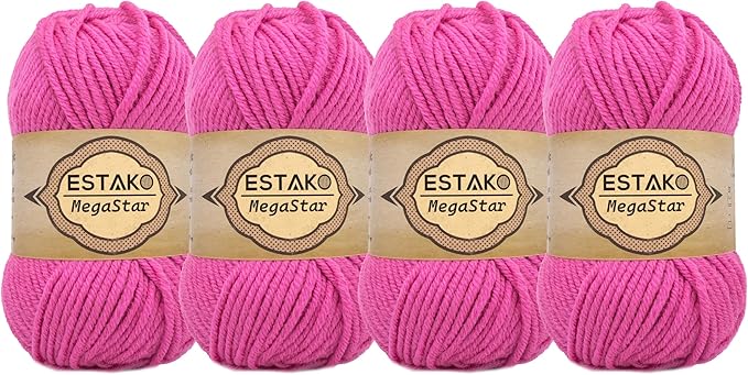 Estako Megastar, (4 Skeins Pack) 75% Acrylic 25% Wool Yarn, Soft, Chunky Bulky Weight #5 for Crochet and Knitting (4 x 3.52 Oz) / (4 x 120 Yrds) (63308 - Pink)