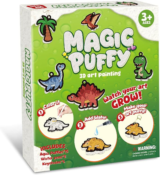 MZYTOZA 3D Art Kit Aqua Magic Puffs Dinosaur - Double-Sided, 15 Mess-Free Paint by Number Craft for Kids, Christmas Gift Idea & Stocking Stuffer, Art Projects with Puff Markers