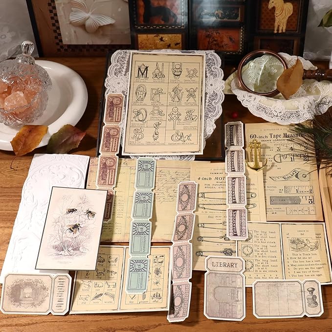 CATaireen Vintage Junk-Journal Mixed Paper Scrapbooking Embellishments Set Retro Journaling Decoupage Stickers Textured Packaging Decorative Cards Tags Kit (Library 1)