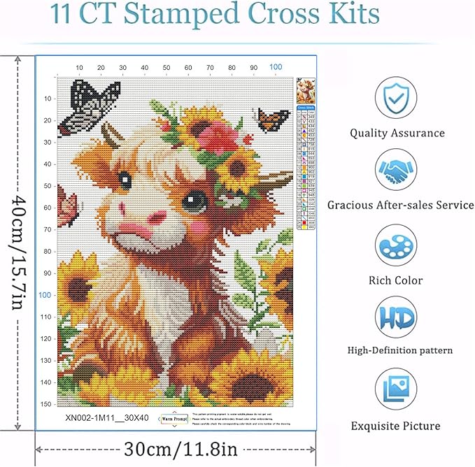cow cross stitch kits for adults - stamped crossstitching kits preprinted 11 count cross-stitch kit for beginner, 11ct prestamped easy pattern needlepoint kits crafts for decor