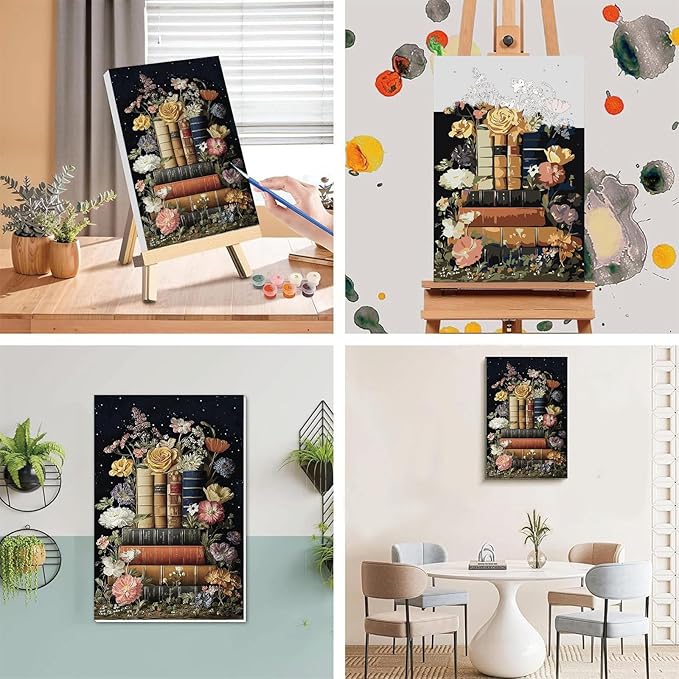 xackcme Book Paint by Numbers for Adults with Framed Canvas - with Wooden Easel, Flowers Paint by Number on Canvas, DIY Books Acrylic Oil Painting Kits with Brushes for Home Wall Decor (8x12 inch)