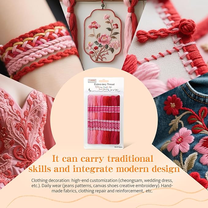 Embroidery Floss,12 Skeins Red Embroidery Thread,Friendship Bracelet String for DIY Making,Embroidery Crafts