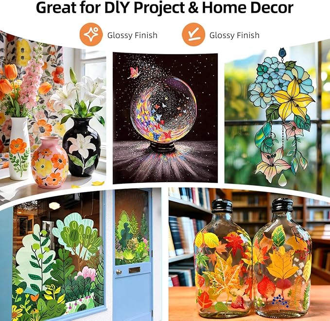 Colorful Stain Glass Paint Set with 6 Brushes, 1 Palette, 24 Color Waterproof Acrylic Enamel Painting Kit for Kids to Arts on Transparent Wine Glasses, Light Bulbs, Windows and Ceramics