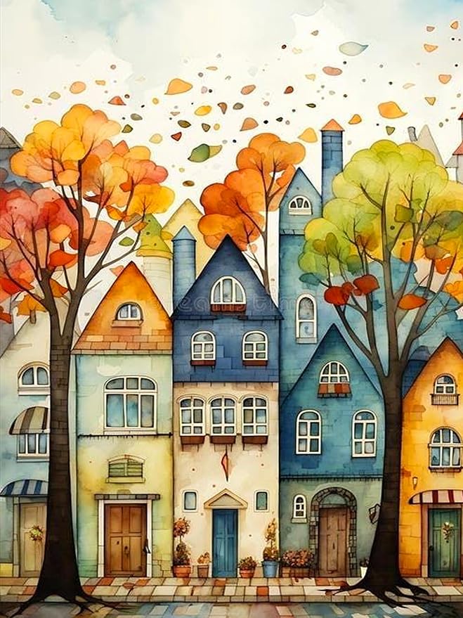 igoodom Color House Diamond Art Kits for Adults, Street House Diamond Painting Kit, Full Drill Round Diamond Art Kits, DIY Gem Art and Crafts for Home Wall Decor Gift 12x16inch