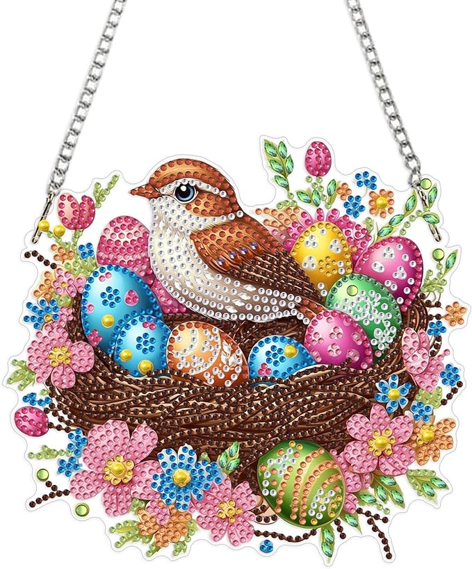MEIYUDA Easter Diamond Art Hanging Kits for Adult, Easter Egg Diamond Painting Hanging Kits Ornaments, DIY Bird's Nest Special Shaped Rhinestone Window Pendants kit for Home Garden Wall Decor Gift