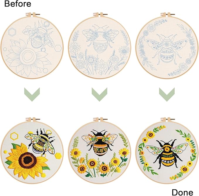 Nuberlic 3 Pack Embroidery Kit for Beginner Adults, Cross Stitch Set with Cute Bee Patterns, Includes Cloth, Hoops, Threads, Needles, Instructions