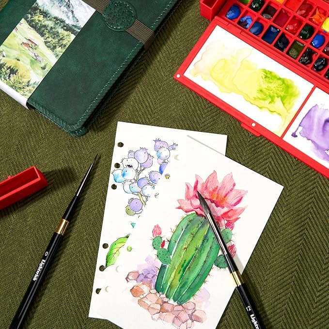 Portable Watercolor Sketchbook Set - 100% Cotton Hot Press 6.7x3.9 Inch Binder Art Journal with 36-Well Ceramic Paint Palette & 2 Travel Watercolor Brushes for Artists Outdoor Painting
