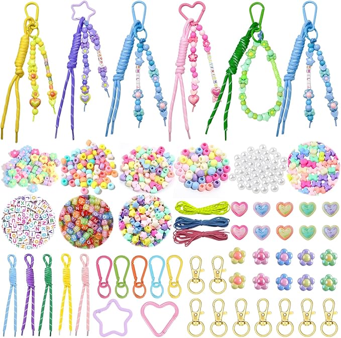 HejVulkan 828 PCS Beads Keychain Making Kit, Beaded Keychain Kit, DIY Bag Charm Kit with Alphabet Beads, Acrylic Star Heart Flower Beads, Paracord Keychain Bag Charm, Fun Creative Craft Gift