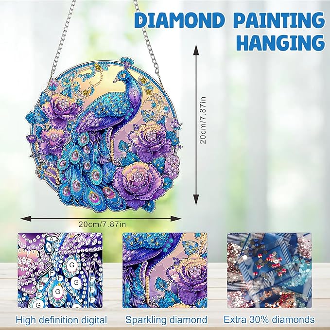 MAXBYE Peacock Animal Hanging Diamond Art Painting Kits for Adults Beginners, DIY 5D Special Shaped Crystal Painting Diamond Kits Hanging Ornament for Gift Home Wall Door Decor