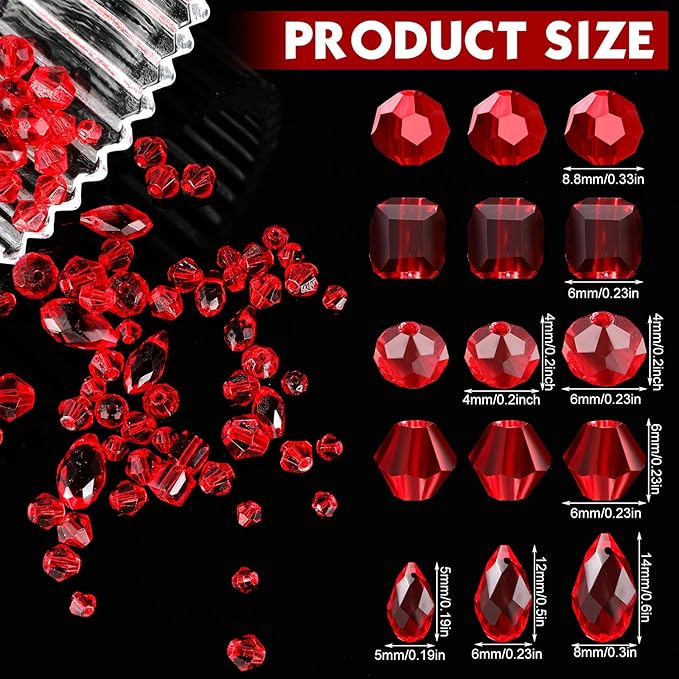 Kigeli 1280 Pcs Glass Beads Bulk Assorted Crystal Beads for Jewelry Making Faceted Teardrop Rondelle Briolette for DIY Crafts Necklace Wristband Earring Kit(Classic,Red)