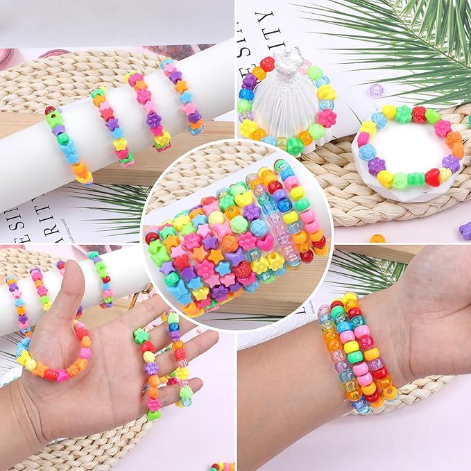 Pony Beads Shapes for Bracelet 1000 Pcs Plastic Star Beads for Friendship Bracelets 6x9mm Round Beads for Hair Braiding Flower Beads for Jewelry Making (Multicolour Pony Beads Shapes)