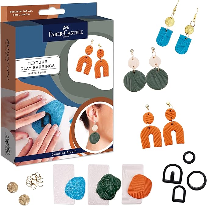 Faber-Castell Texture Clay Earring Making Kit: Create 3 Polymer Clay Earrings, Adult Crafts, Crafts for Teens, Hobbies for Women and DIY Kits for Adults (Ages 14+)