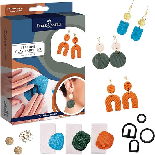 Faber-Castell Texture Clay Earring Making Kit: Create 3 Polymer Clay Earrings, Adult Crafts, Crafts for Teens, Hobbies for Women and DIY Kits for Adults (Ages 14+)