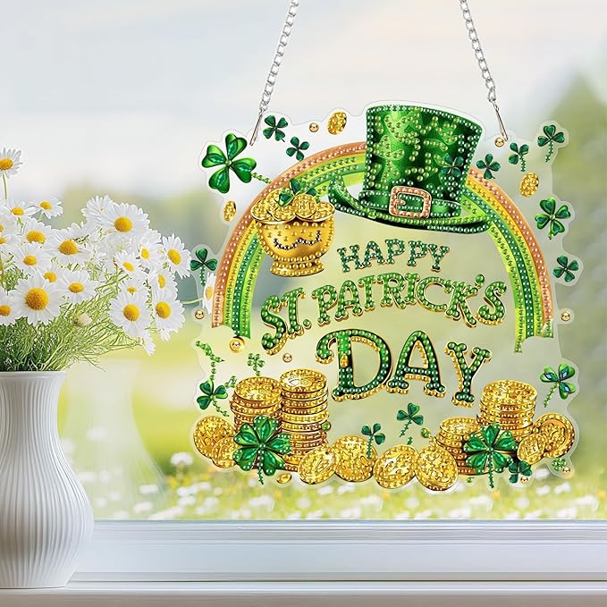 NEWENMO DIY Hanging Diamond Art Pendant Painting Kit, Happy St. Patrick's Day, Special Shaped Crystal Gem Craft Painting Kit Ornament, Diamond Ornament for Home Garden Wall Hanging, Lucky Gold Coin