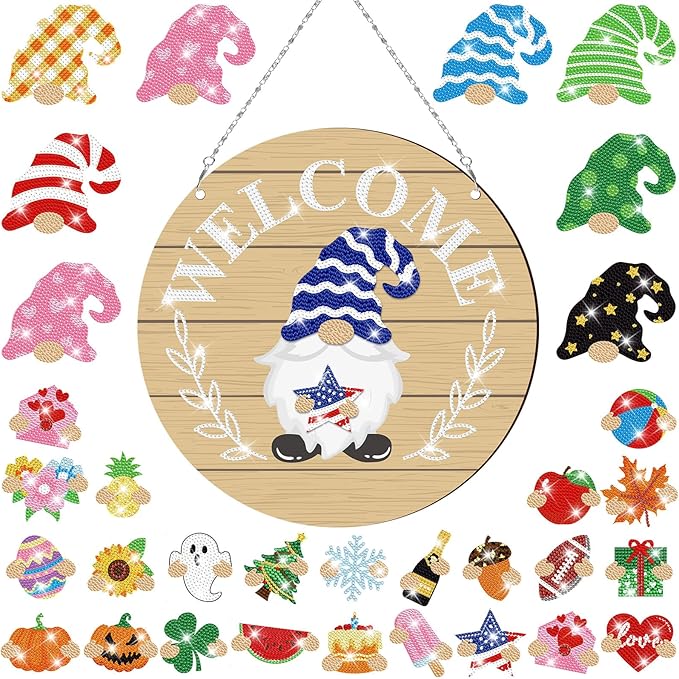 33 Pcs Magnetic Diamond Art Set Interchangeable DIY Gnome Diamond Painting Decor Detachable Welcome Sign Seasonal Door Hanger Gnome Party Decorations Gift for Home Wall Front Door(Classic)