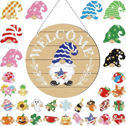 33 Pcs Magnetic Diamond Art Set Interchangeable DIY Gnome Diamond Painting Decor Detachable Welcome Sign Seasonal Door Hanger Gnome Party Decorations Gift for Home Wall Front Door(Classic)