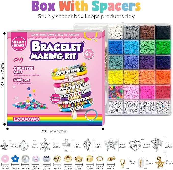 LZOUOWO 5300 Clay Beads Bracelet Making Aesthetic Kit, Polymer Heishi Preppy Letter Beads for Friendship Bracelet, Pearl Disc Beads Charms for Jewelry Making, DIY Creative Gift for Girls 8-12 Teens
