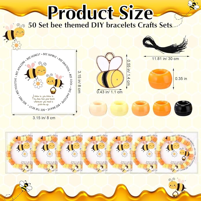 Highergo 50 Set Motivational Bee Themed Gifts Bee Bracelet Beads DIY Craft Kit with Inspirational Cards and Bags for Teacher Bee Party Favors