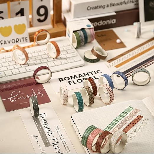 YUBBAEX 20 Rolls Basic Patterns Washi Tape Set Skinny Masking Creative Decorative Tapes, Designer's Selection (Collection 1-Vibrancy)