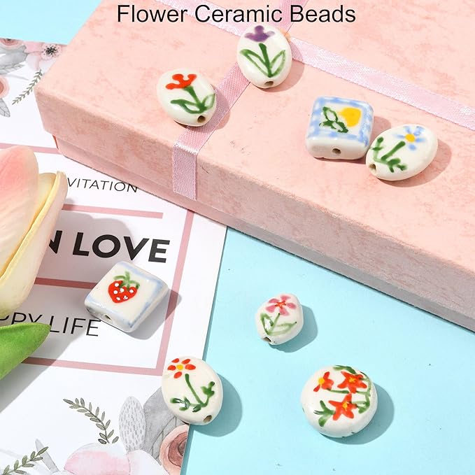 8Pcs Flower Porcelain Beads for DIY Jewelry Mixed Shapes Handmade Round Square Oval Floral Spacer Beads for Necklaces Bracelets Earrings Keychains Making and Crafting