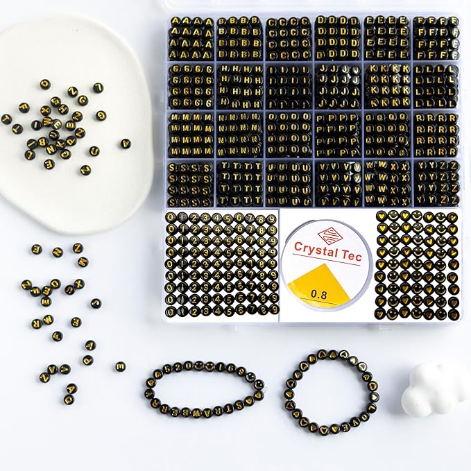 nikkiGuo 1250 PCS Letter Beads Kit with Elastic Cord – Alphabet A–Z, Numbers, Heart, Moon, Star, Smiley Beads for Friendship Bracelets & DIY Jewelry (Black Beats & Golden Letters)