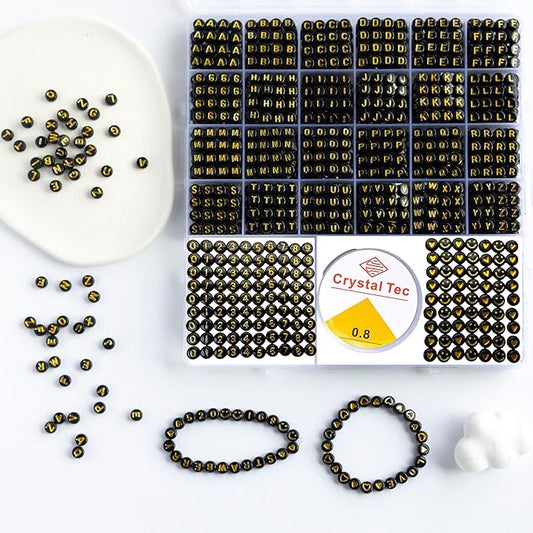 nikkiGuo 1250 PCS Letter Beads Kit with Elastic Cord – Alphabet A–Z, Numbers, Heart, Moon, Star, Smiley Beads for Friendship Bracelets & DIY Jewelry (Black Beats & Golden Letters)