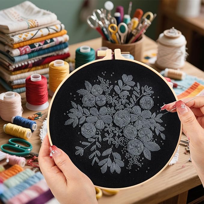 Crafmanoe Embroidery Kits for Beginners Adults, Black Flowers Embroidery Starter Kits, Counted Cross Stitch Kits for Beginners Adults Hobbies Set for Women, Embroidery Hoops, Thread and Video Tutorial