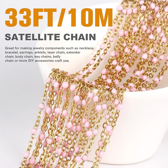 33 Feet Gold Enamel Chains Bulk, 2mm 18K Gold PVD Plated 304 Stainless Steel Pink Enamel Beaded Cable Link Chain Roll Spool for Jewelry Making