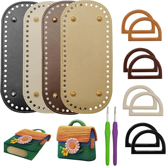 4+8 PCS Bag Bases for Crochet with D Shape Purse Handles for Bag Making, 2 PCS Crochet Hooks, 4 Colors Leather Purse Bottoms for Crocheting DIY